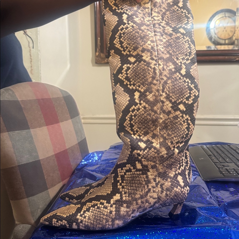 Gianni Bini Snake Print Heeled Boots in Tan and Black